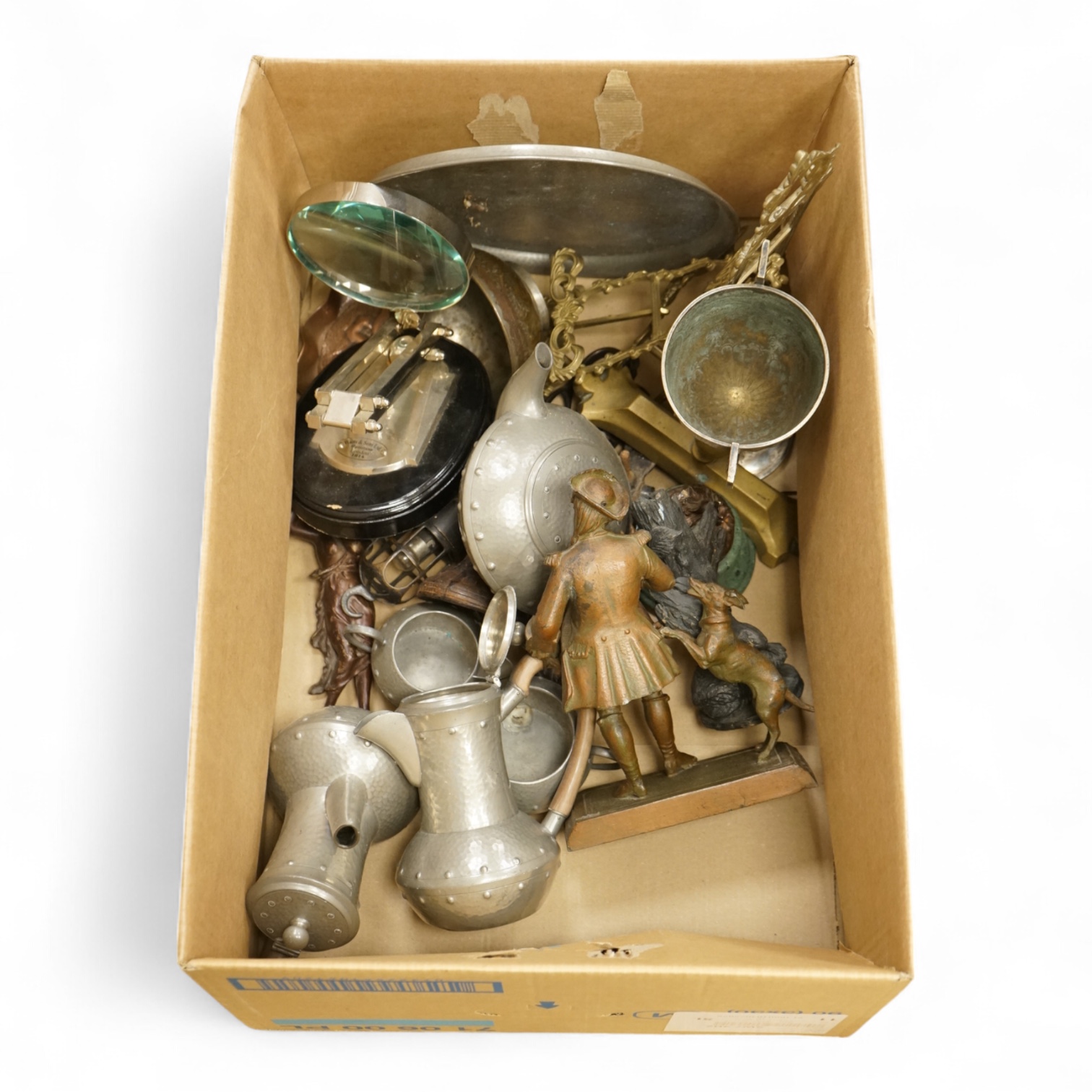 An Arts & Crafts pewter teaset and tray and a collection of mixed metalware